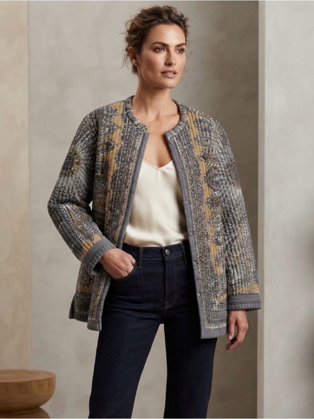 NWOT Vintage Blair Quilted Jacket Gray Gold Print Cotton Boho Cottagecore